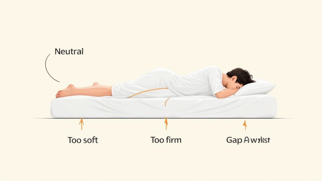 Someone lying on their back on a mattress to check spinal alignment.