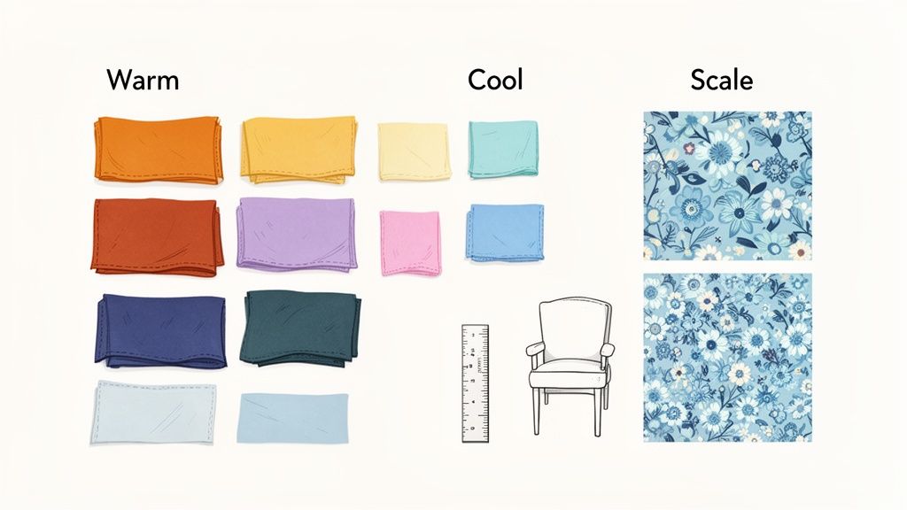 Guide illustrating fabric choices: warm and cool color swatches, and two different floral pattern scales for upholstery.