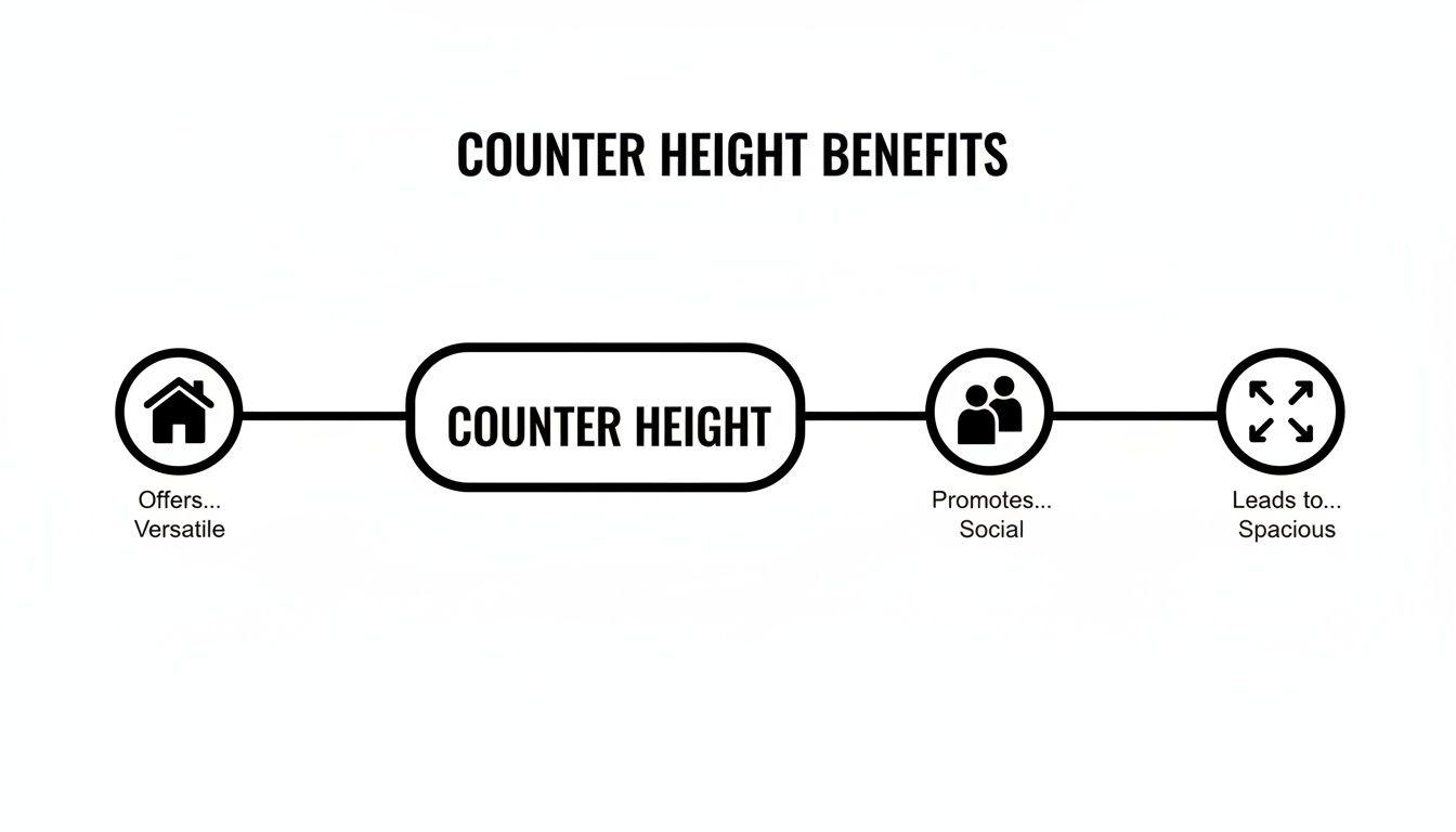 A diagram illustrating the benefits of counter height, including versatility, social promotion, and spaciousness.