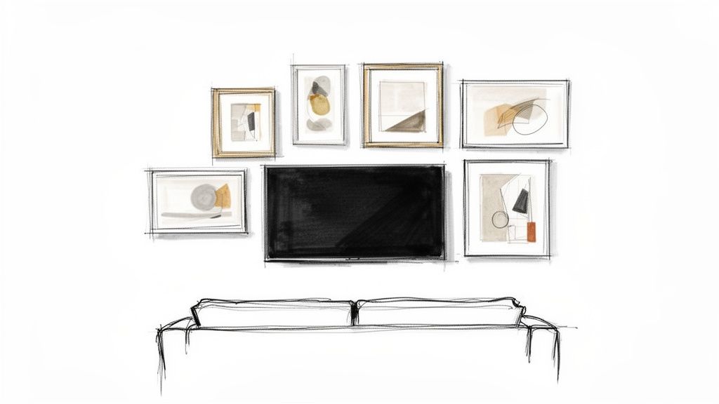 Sketch of a modern living room wall featuring an abstract art gallery surrounding a large TV above a sofa.