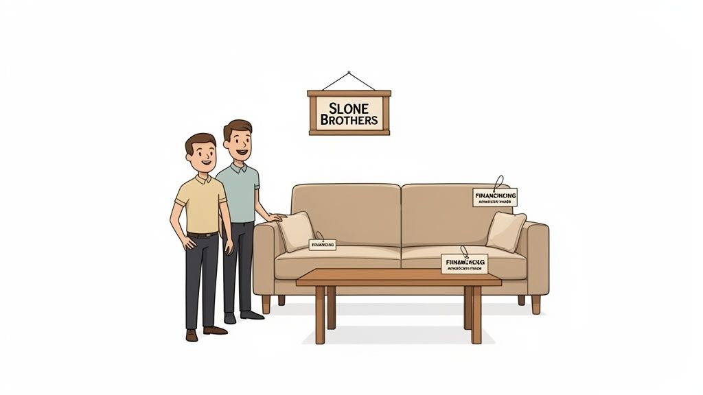 Two men stand beside a beige couch with financing tags, under a 'SLONE BROTHERS' sign.