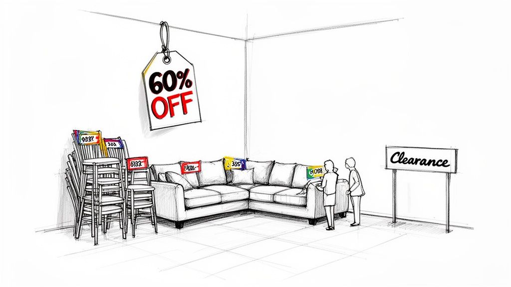 A sketch of a furniture store with a 60% off sale, clearance sign, sofa, chairs, and shoppers.