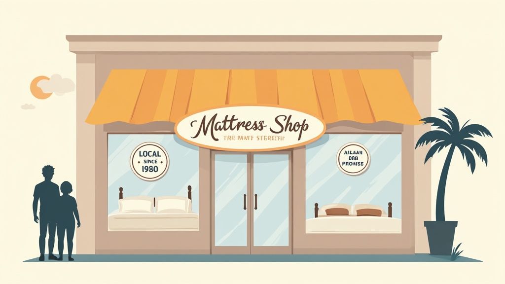 Illustration of a local mattress shop storefront with beds in windows, two people, and a palm tree.