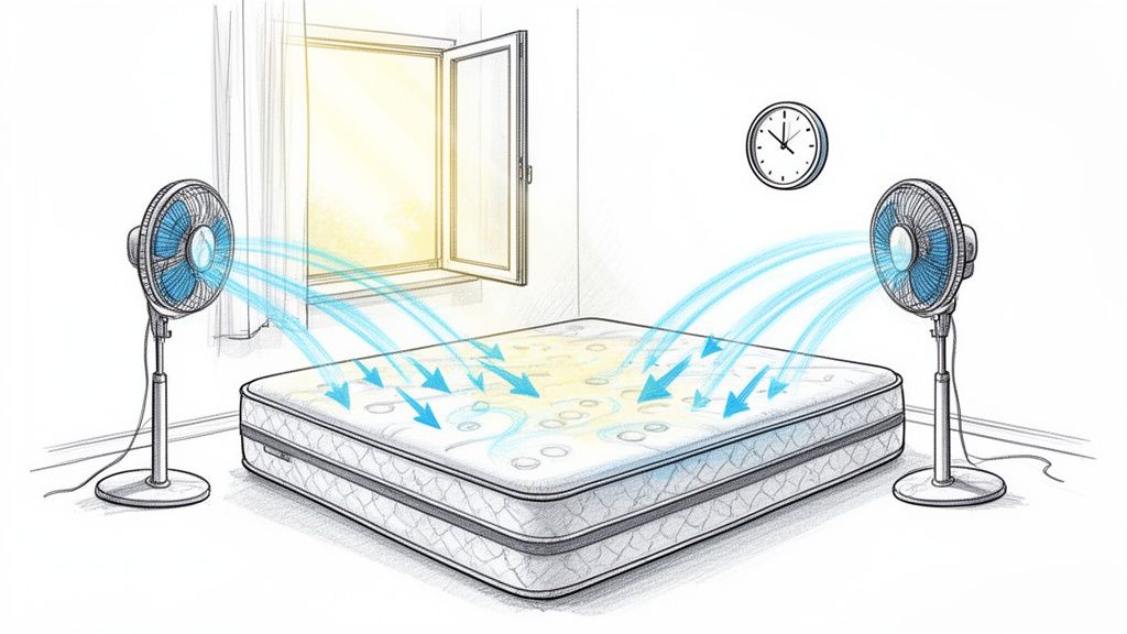Two fans blow air onto a mattress with an open window and sunlight, illustrating mattress drying.