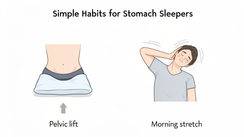 Two illustrations showing simple habits for stomach sleepers: a pelvic lift using a pillow and a morning neck stretch.