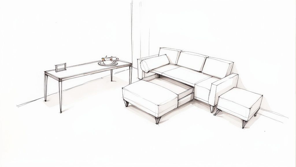 A small living room featuring a lift-top coffee table and an ottoman with hidden storage, demonstrating multifunctional furniture.
