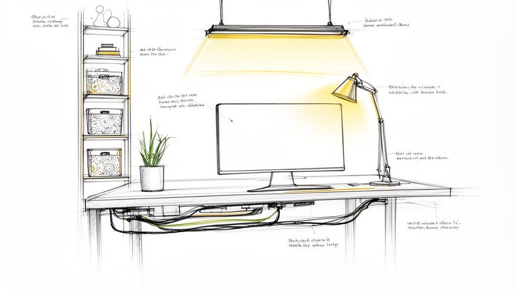 Detailed sketch of a home office desk with monitor, lamps, plant, and shelving.