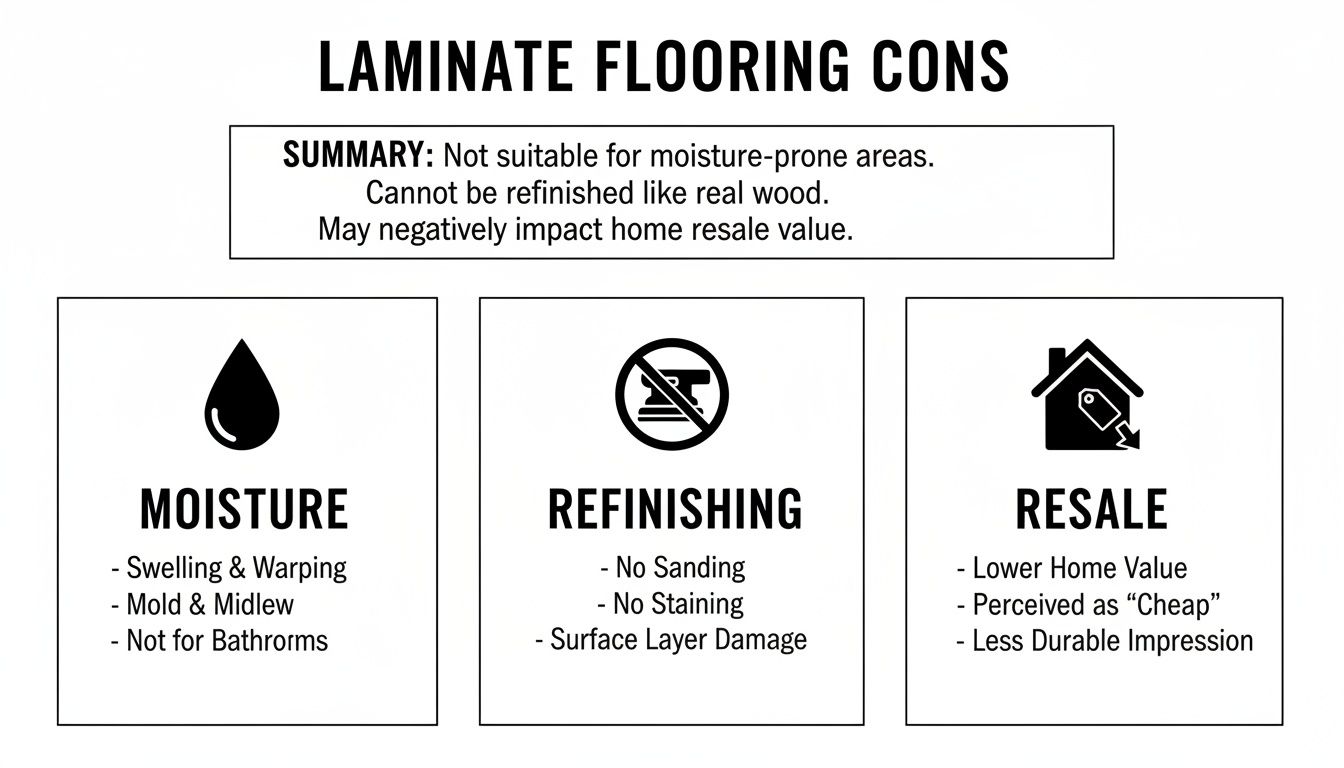 An infographic detailing the cons of laminate flooring, including issues with moisture, refinishing, and resale value.