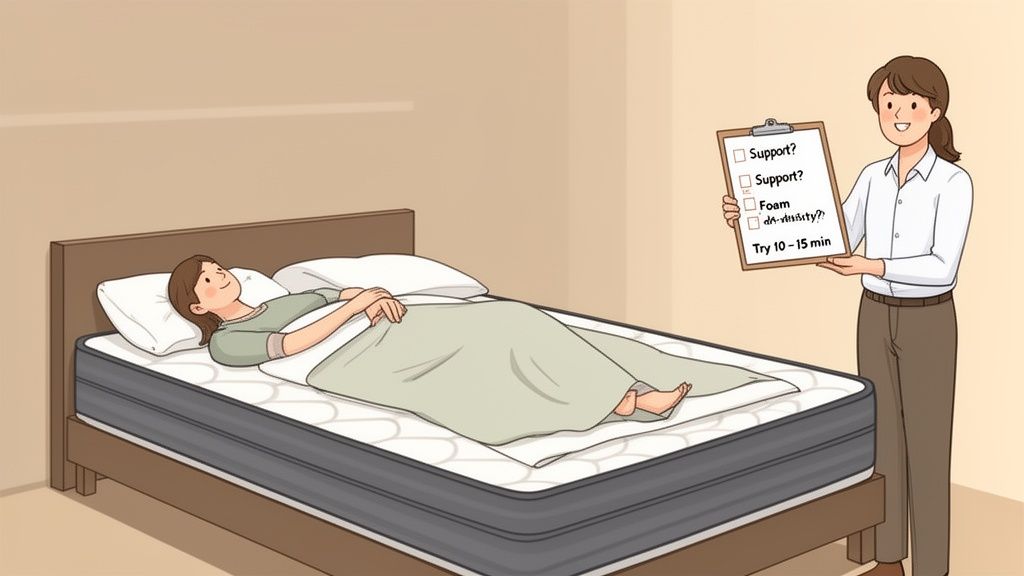 A woman tries a mattress in a store, while a salesperson holds a checklist for evaluation.