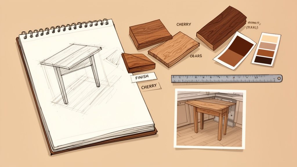 Illustration of a compact kitchen table design process, showing a sketch, cherry wood samples, ruler, and color palettes.