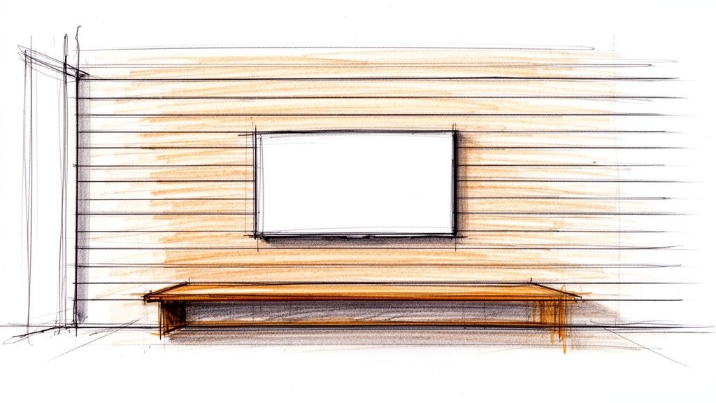 Architectural drawing showing a wood-paneled wall with a TV area and a long wooden console.