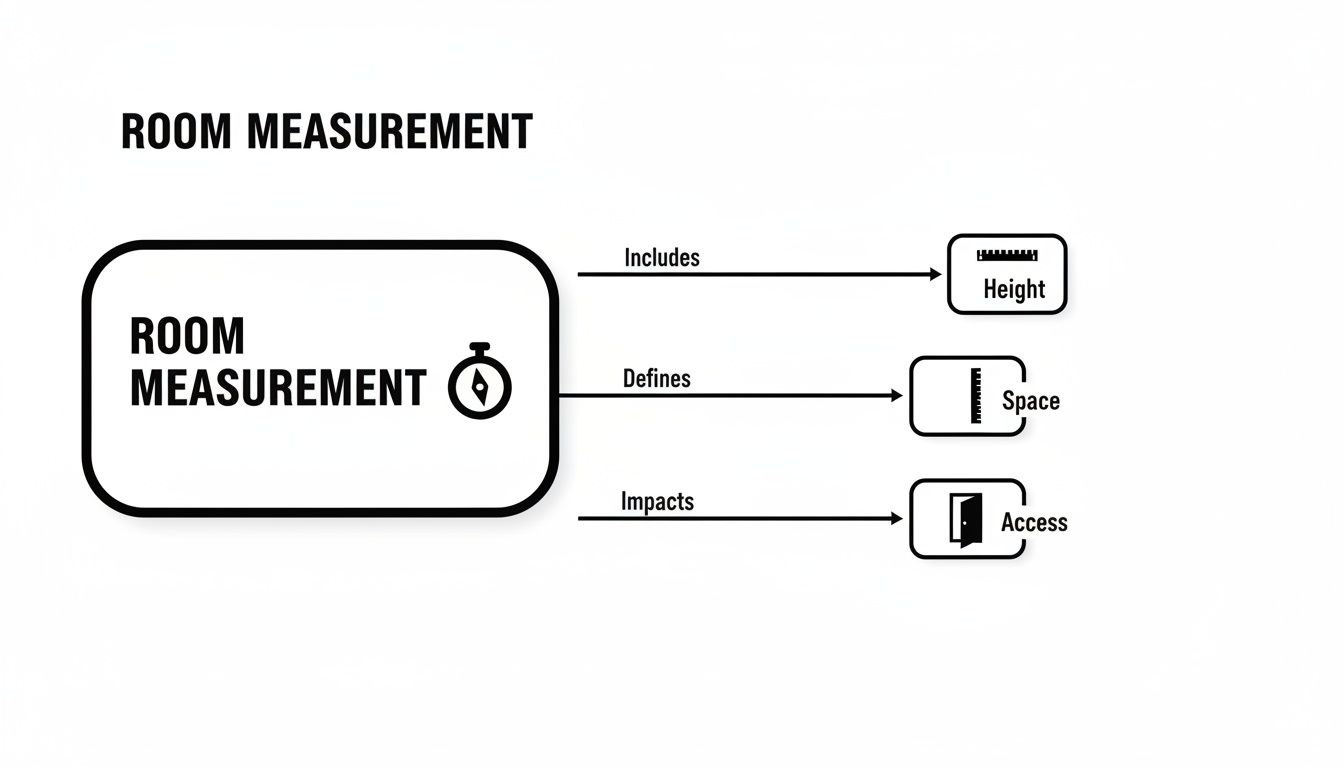 Diagram illustrating room measurement, showing it includes height, defines space, and impacts access.
