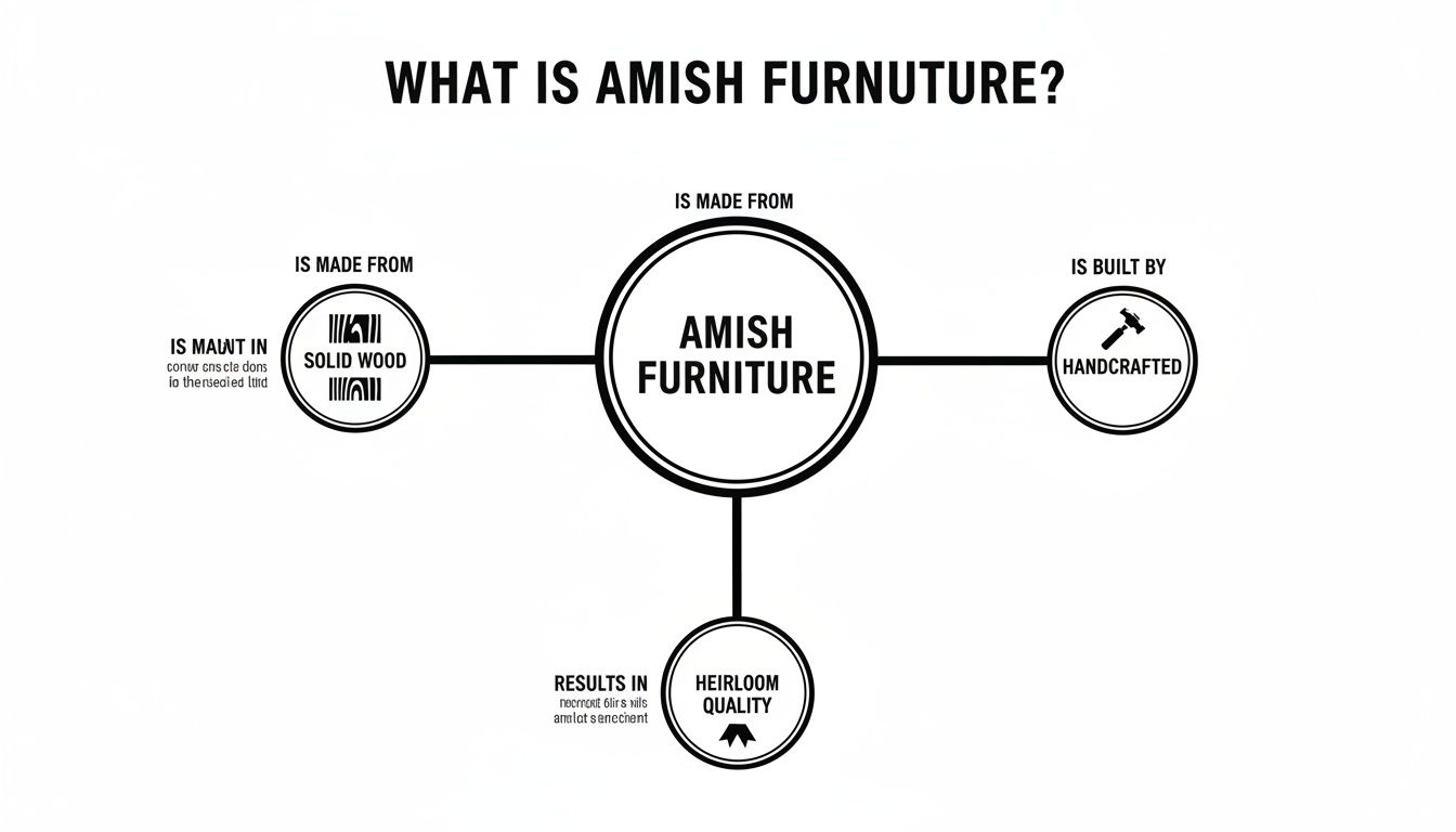 Infographic detailing Amish furniture characteristics: solid wood, handcrafted, and heirloom quality.