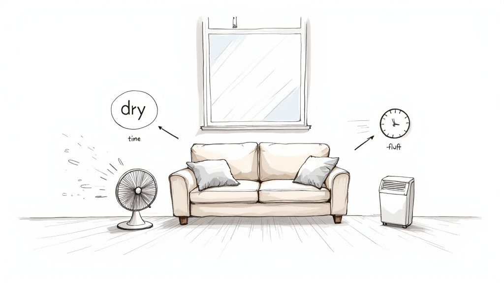 Illustration of a beige sofa in a room, with a fan for drying and an air conditioner.