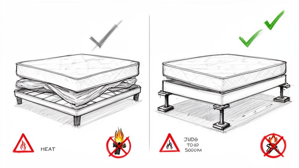 Two illustrations comparing mattress support methods: poor ventilation on slats vs. proper elevation for safety.