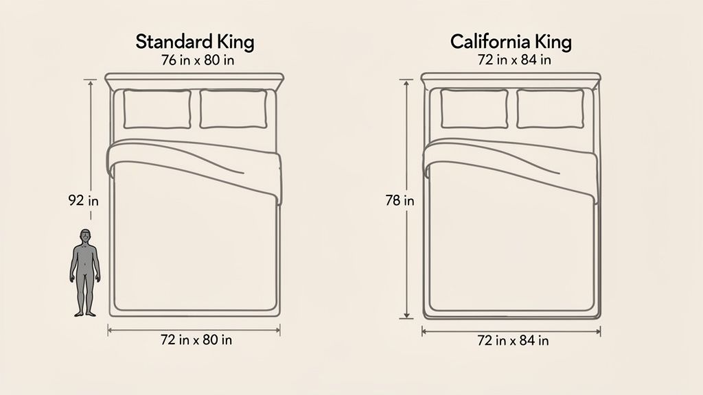 Comparison of Standard King (76x80 in) and California King (72x84 in) bed dimensions, with a person for scale.