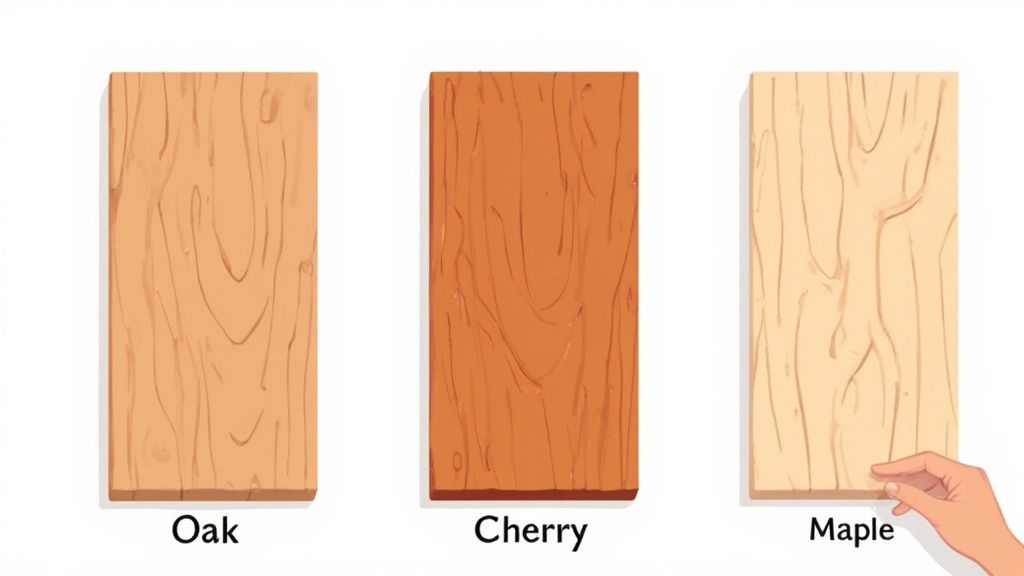 Three distinct wooden planks, Oak, Cherry, and Maple, showcase their unique grains and colors, with a hand touching the Maple.