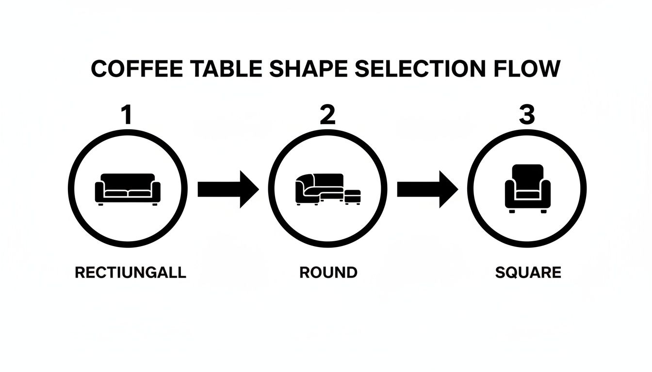 A flowchart titled 'Coffee Table Shape Selection Flow' with options for rectangular, round, and square based on seating types.