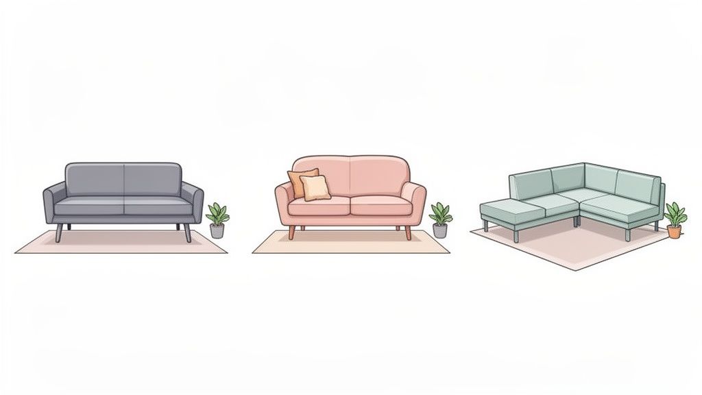 Three cartoon-style sofas: a grey two-seater, a pink two-seater, and a light blue sectional.