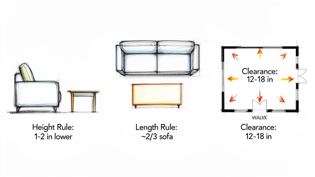 Sketches illustrating interior design rules for coffee tables, side tables, and room clearance.