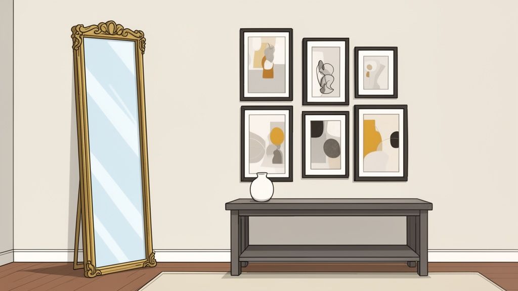 A stylish room featuring a gold full-length mirror and a gallery wall with abstract art above a console table.