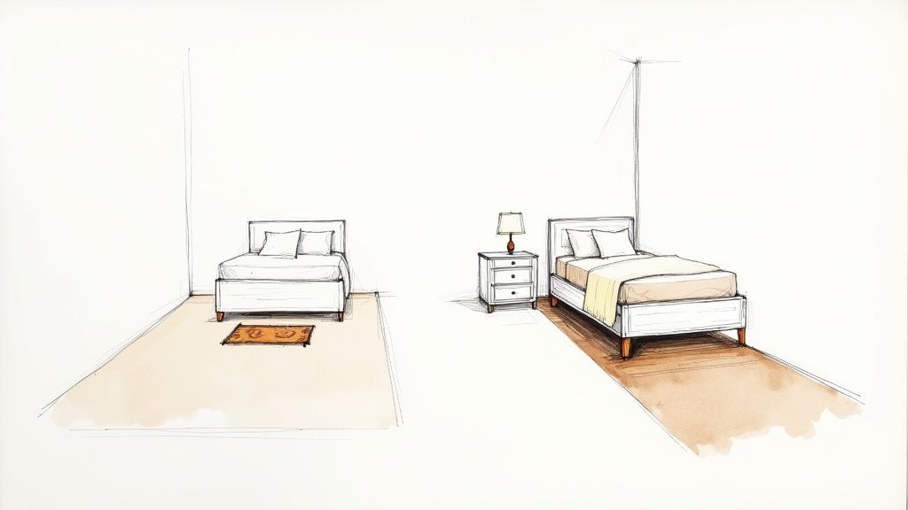 A bedroom rug placed too far from the bed, creating a disconnected look.