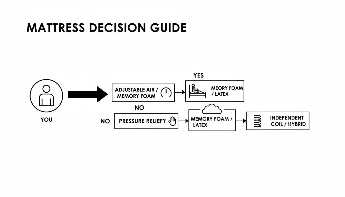 A flowchart titled 'Mattress Decision Guide' helps users choose a mattress type based on preferences.
