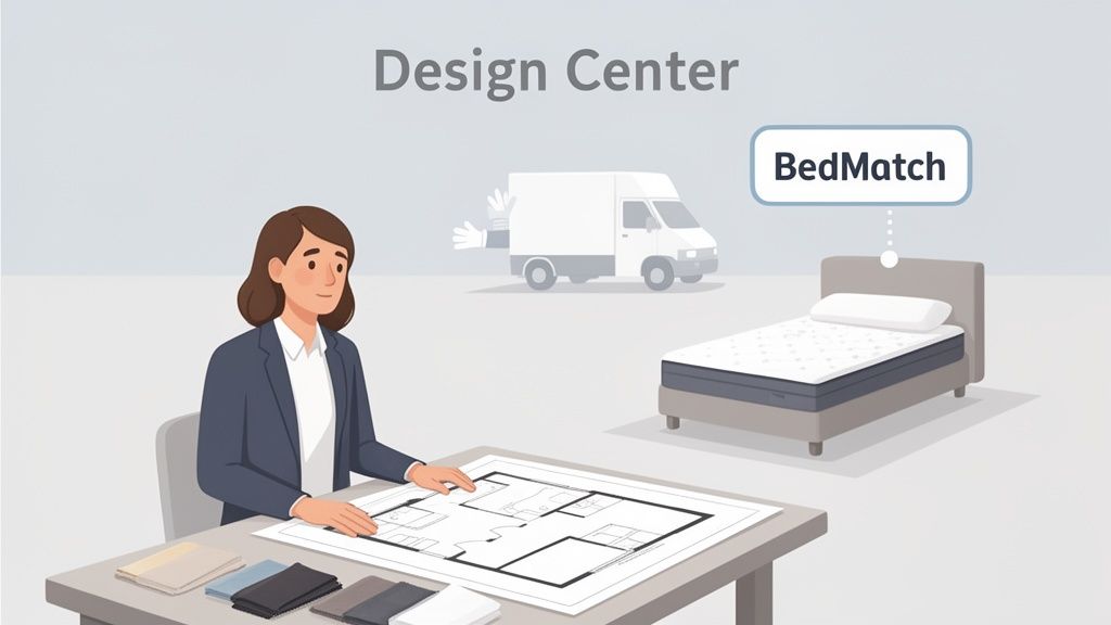 A designer reviews a floor plan at a design center, featuring a BedMatch bed and delivery.