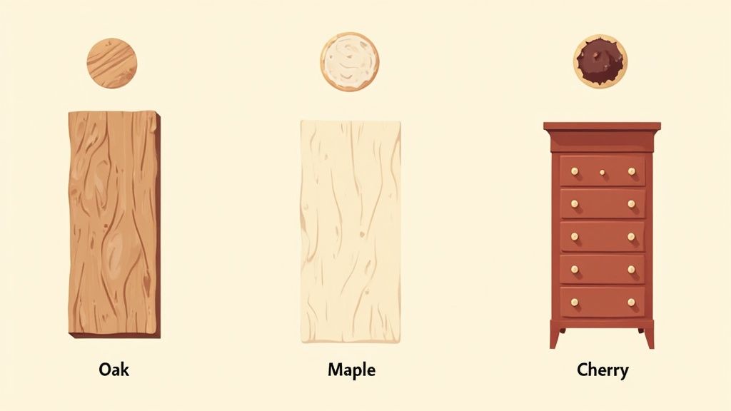 A close-up shot of different solid wood grain patterns, including oak, cherry, and maple.