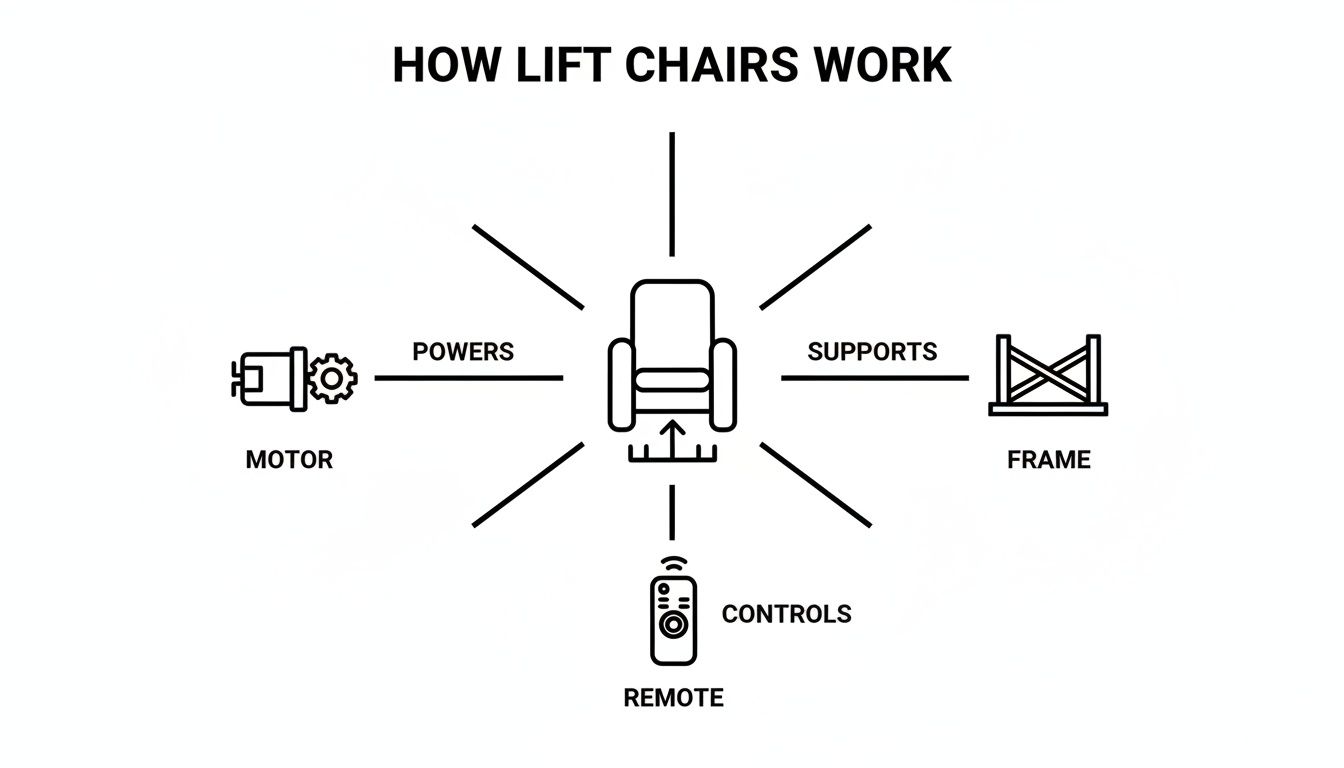 Diagram illustrating how lift chairs work, showing motor for power, frame for support, and remote controls.
