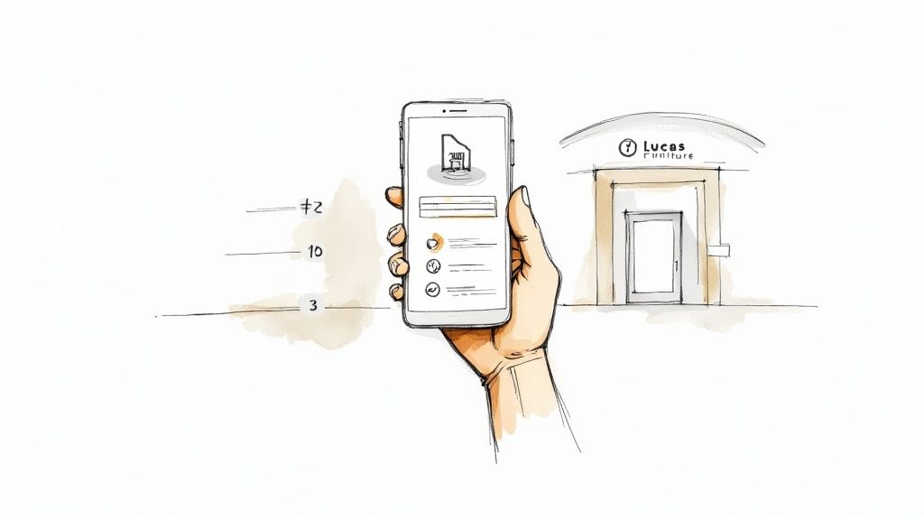 Hand holding smartphone showing mobile app screen with Lucas Furniture details and steps.