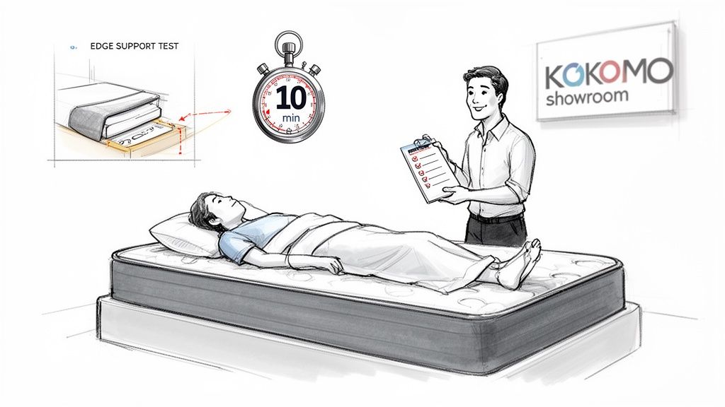 Two people in a showroom, one lying on a mattress, another observing a 10-minute mattress edge support test.