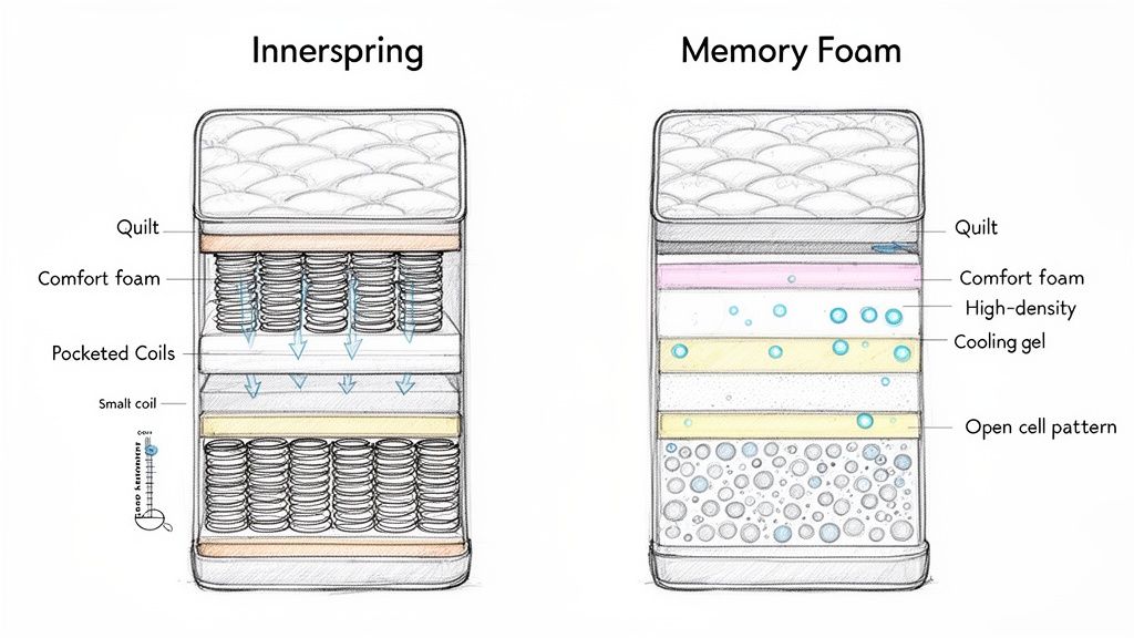 Diagram comparing internal layers of innerspring and memory foam mattresses with detailed labels.