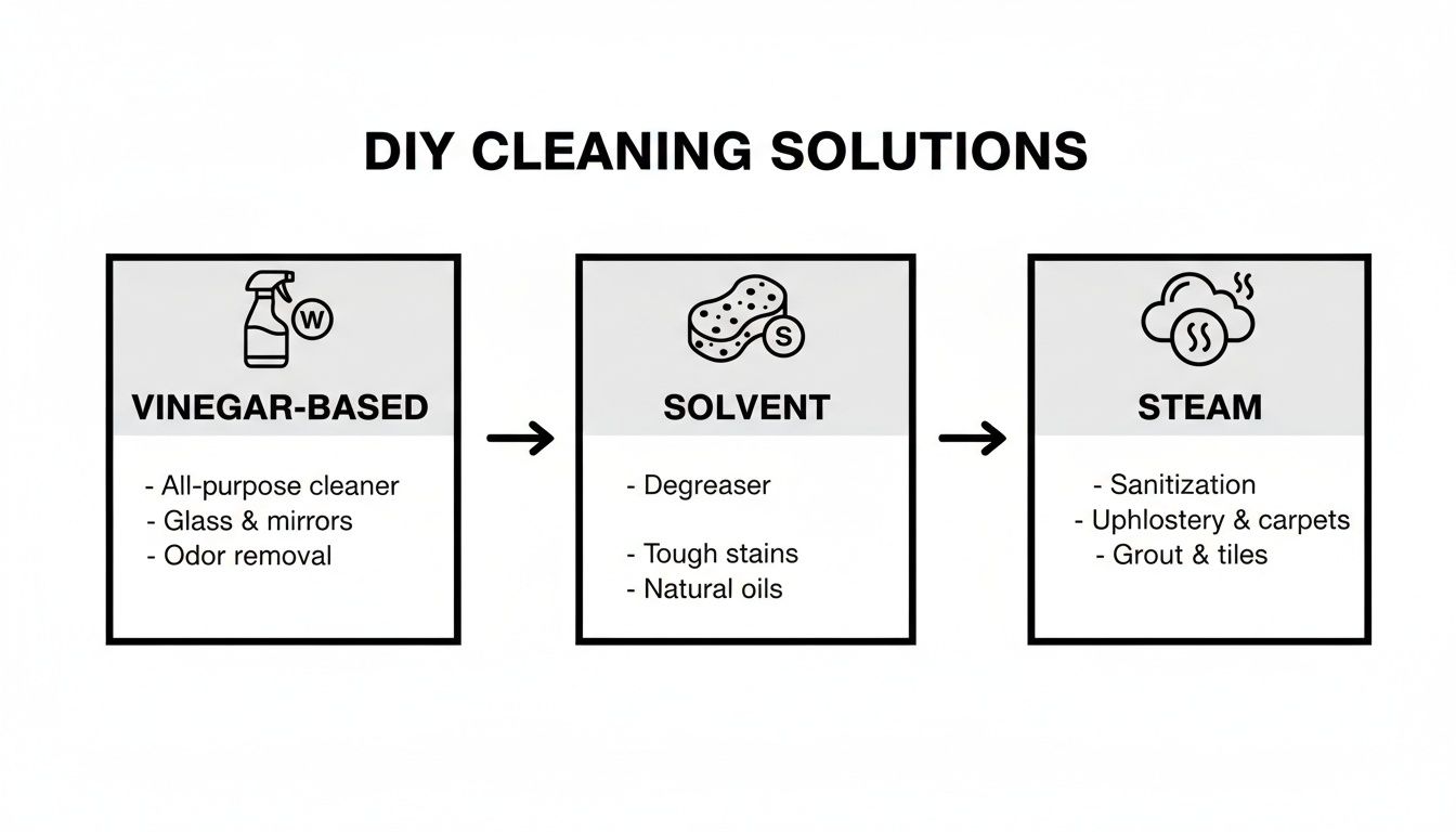 An infographic displaying DIY cleaning solutions: vinegar-based, solvent, and steam, with their applications.