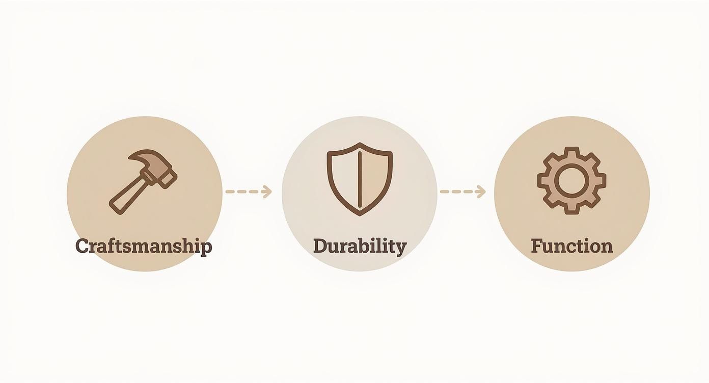 Three circular icons showing hammer, shield, and gear representing craftsmanship, durability, and function in furniture making process