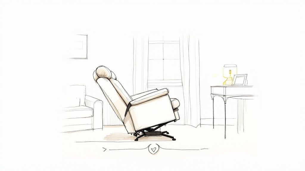 A sketched illustration of a lift chair in a reclined position within a room setting.