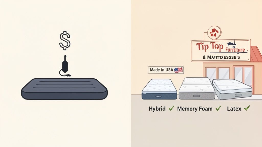 Adjustable mattress on one side; Tip Top Furniture & Mattresses store with hybrid, memory foam, latex beds on the other.