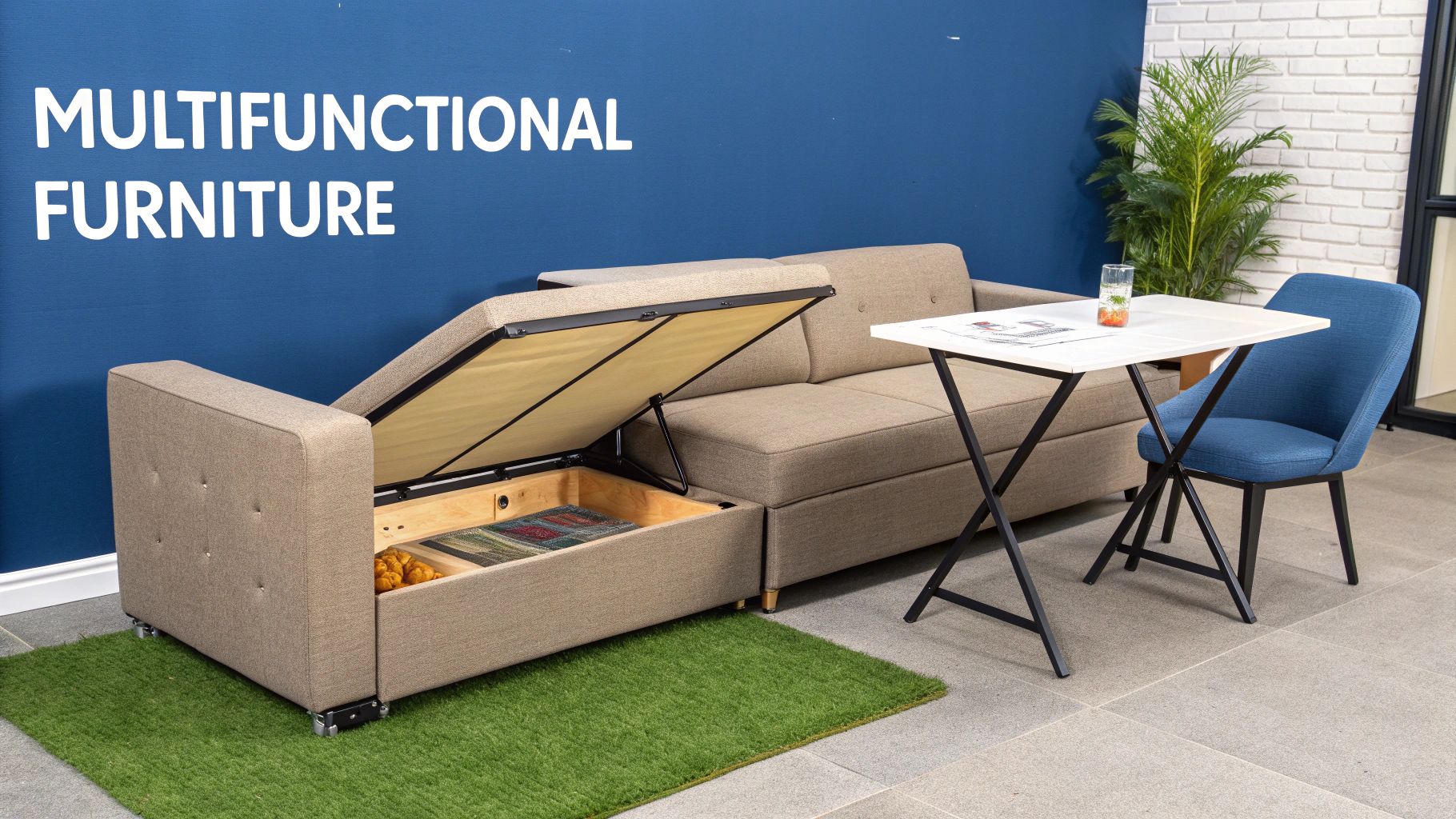 A beige sectional sofa with an open storage compartment, a white folding table, and a blue chair in a modern room.