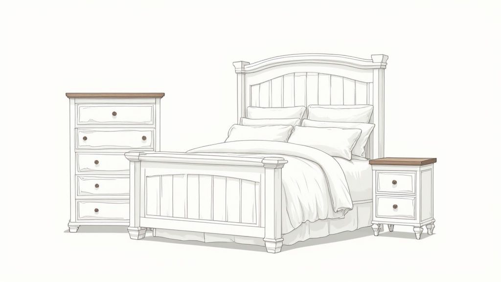 White farmhouse bedroom furniture set featuring a bed, dresser, and nightstand with wood tops.