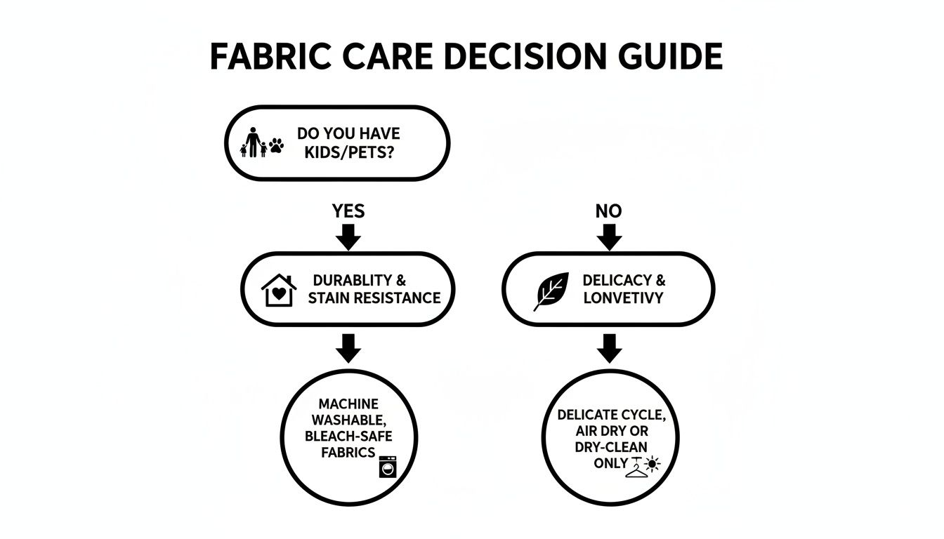 Flowchart guiding fabric care decisions based on presence of kids/pets and fabric type.