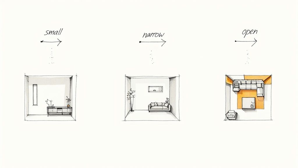 Three room layout diagrams showing small, narrow, and open floor plan furniture arrangement options