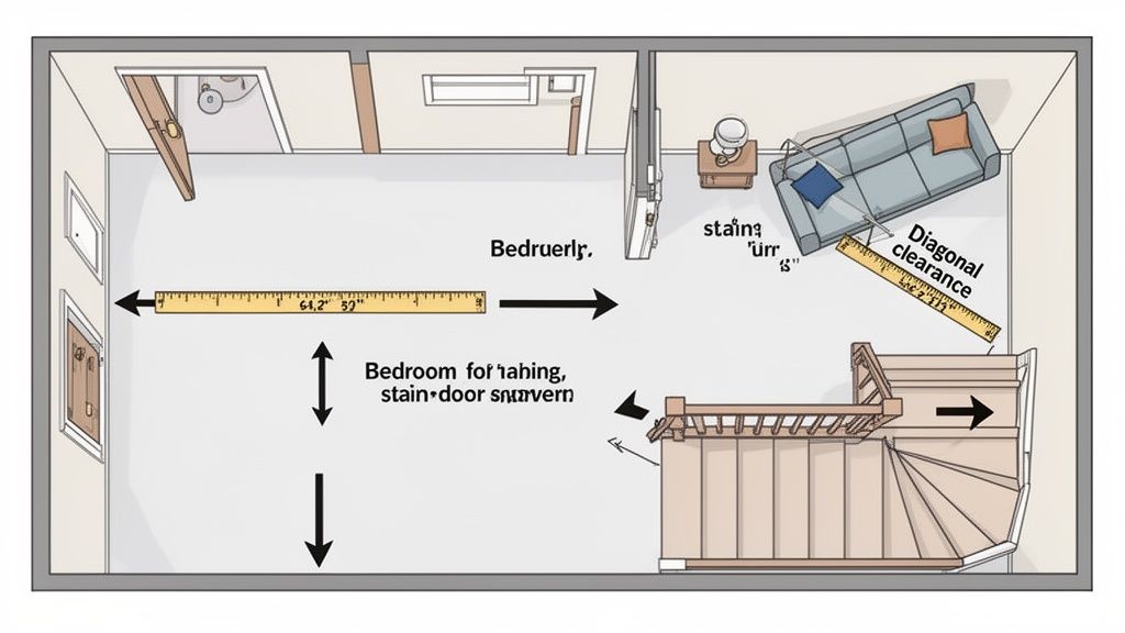 Top-down view of a room plan showing furniture placement, room measurements, and stair clearance for moving furniture.