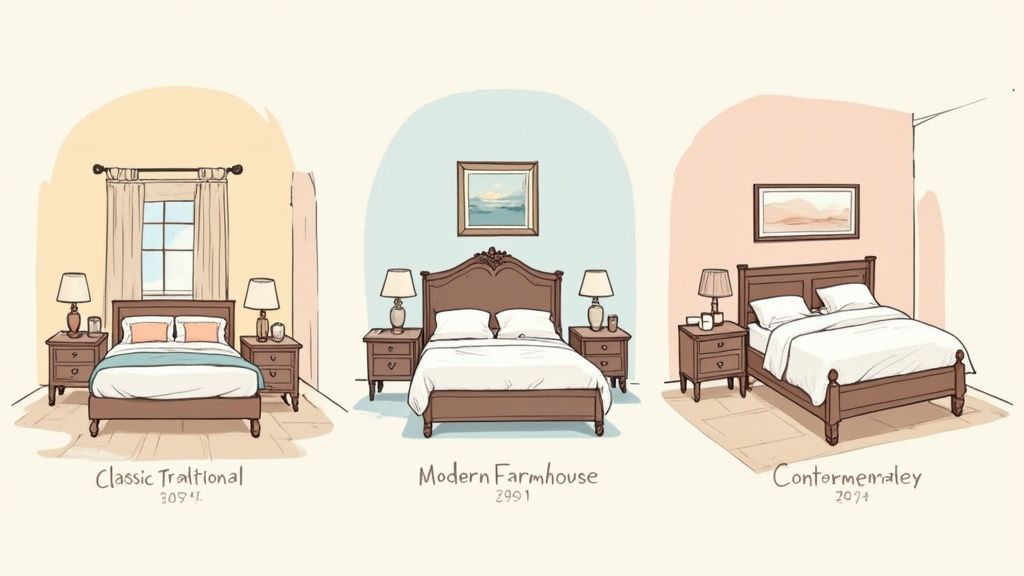 A beautifully styled bedroom featuring a wooden bed frame, matching nightstands, and elegant decor.