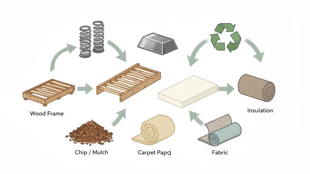 Illustrative diagram depicting the recycling process of mattress materials into new products.