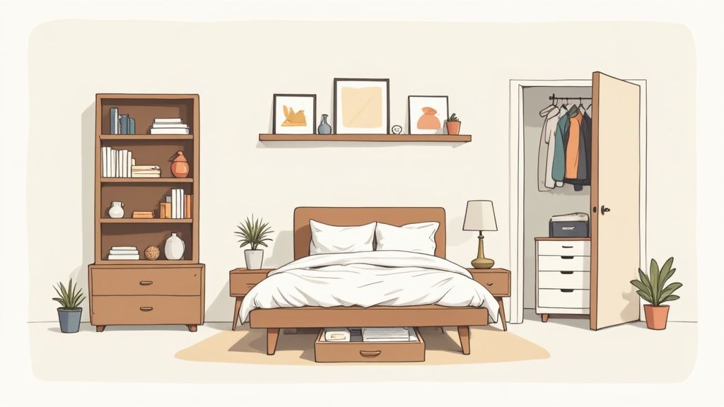 A cozy, well-organized bedroom illustration featuring a bed, bookshelf, and an open closet.