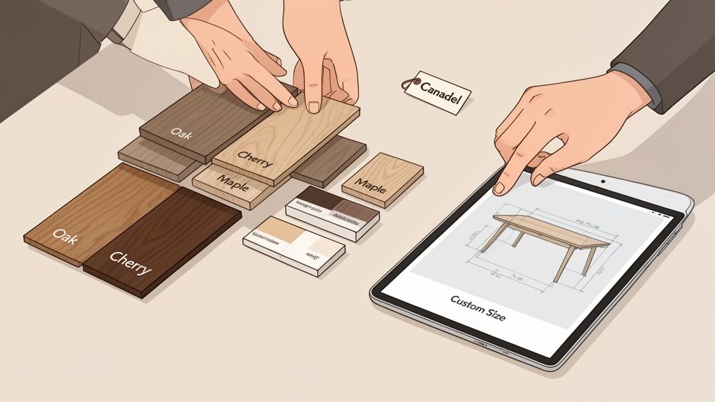 Hands selecting wood samples (Oak, Cherry, Maple) and customizing a table design on a tablet.