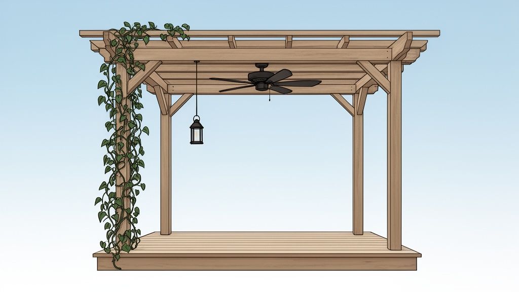 A wooden pergola with a deck, adorned with green vines, a ceiling fan, and a hanging lantern.