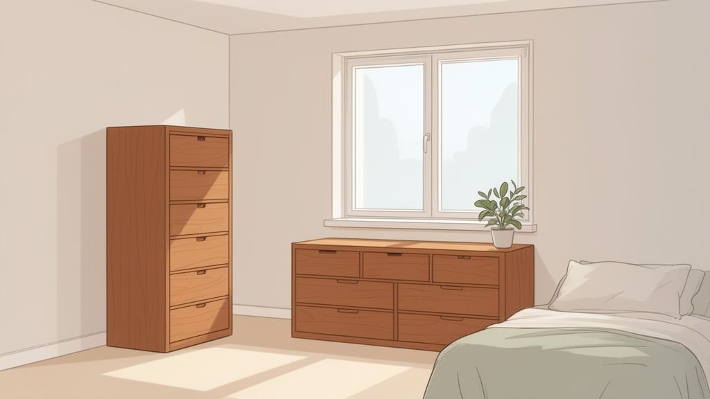 A minimalist bedroom with two wooden dressers, a window, and a bed, illuminated by natural light.