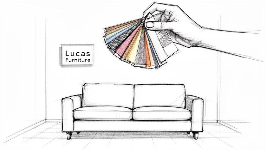 A sketch illustrating a sofa, a hand holding fabric swatches, and a 'Lucas Furniture' sign.