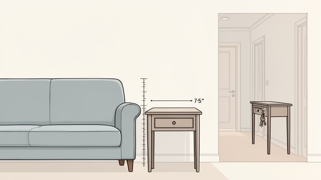 Illustration of a light blue sofa and a small wooden side table with a drawer and measurements.